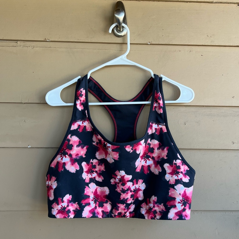 Old Navy Active Floral Sports Bra XXL Pink Black Go-Dry Racerback Workout Top